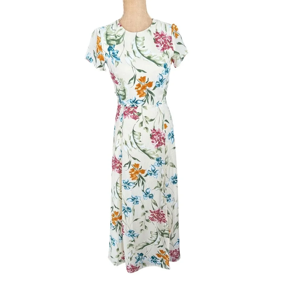 Lulus XS Floral Midi Dress Tie Back Slit‎ Tropical Summer Vacation